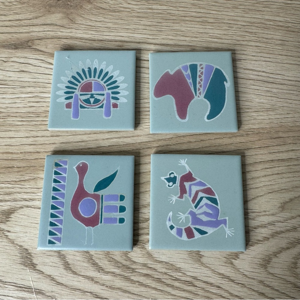Southwestern Native American Petroglyph Style Tile Coasters Pastel Made In Japan